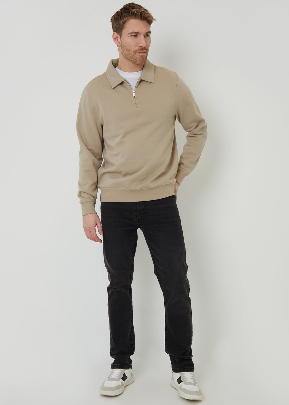 Threadbare Stone Quarter Zip Collared Sweatshirt