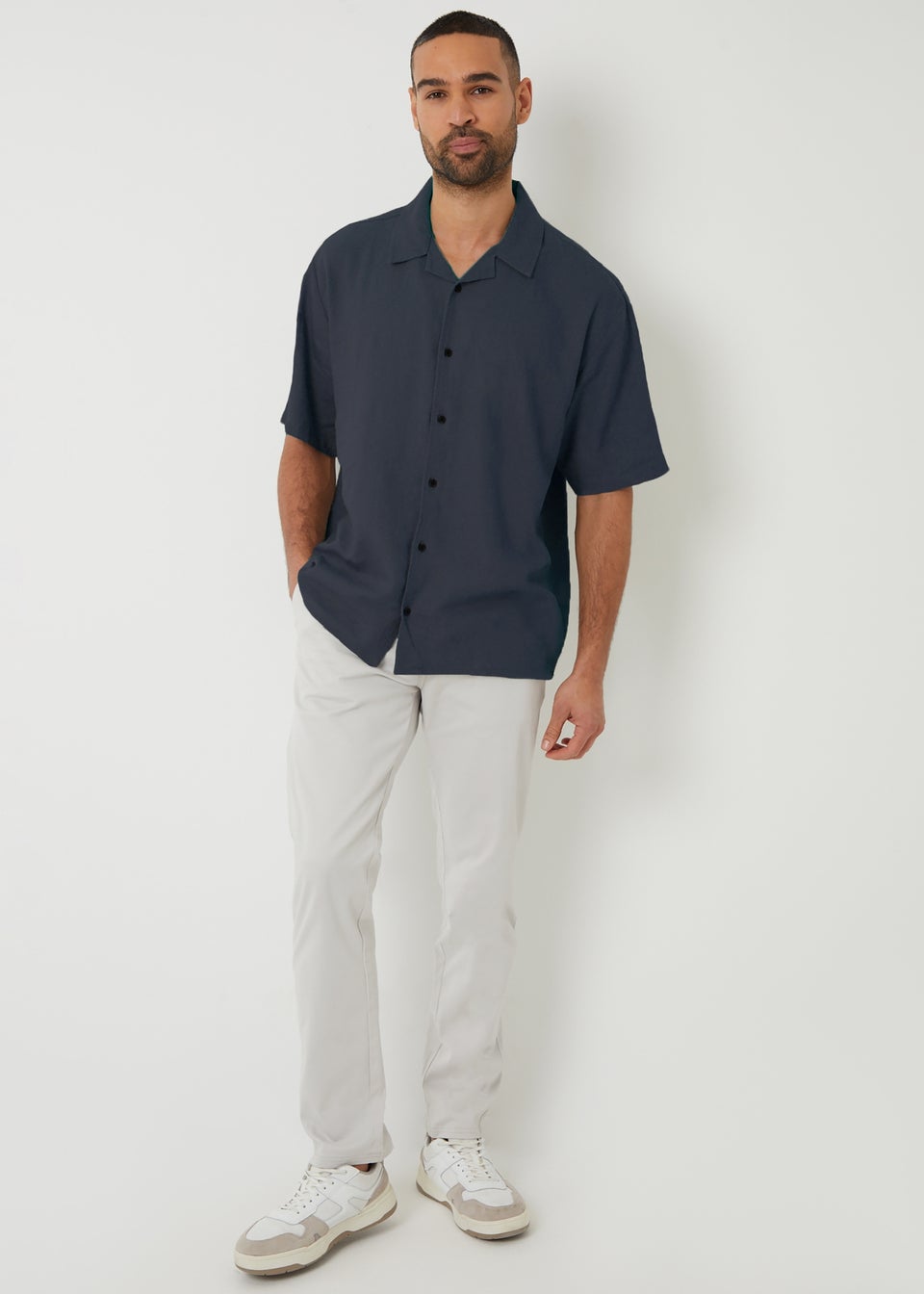 Threadbare Navy Kylian Linen Blend Revere Collar Short Sleeve Shirt