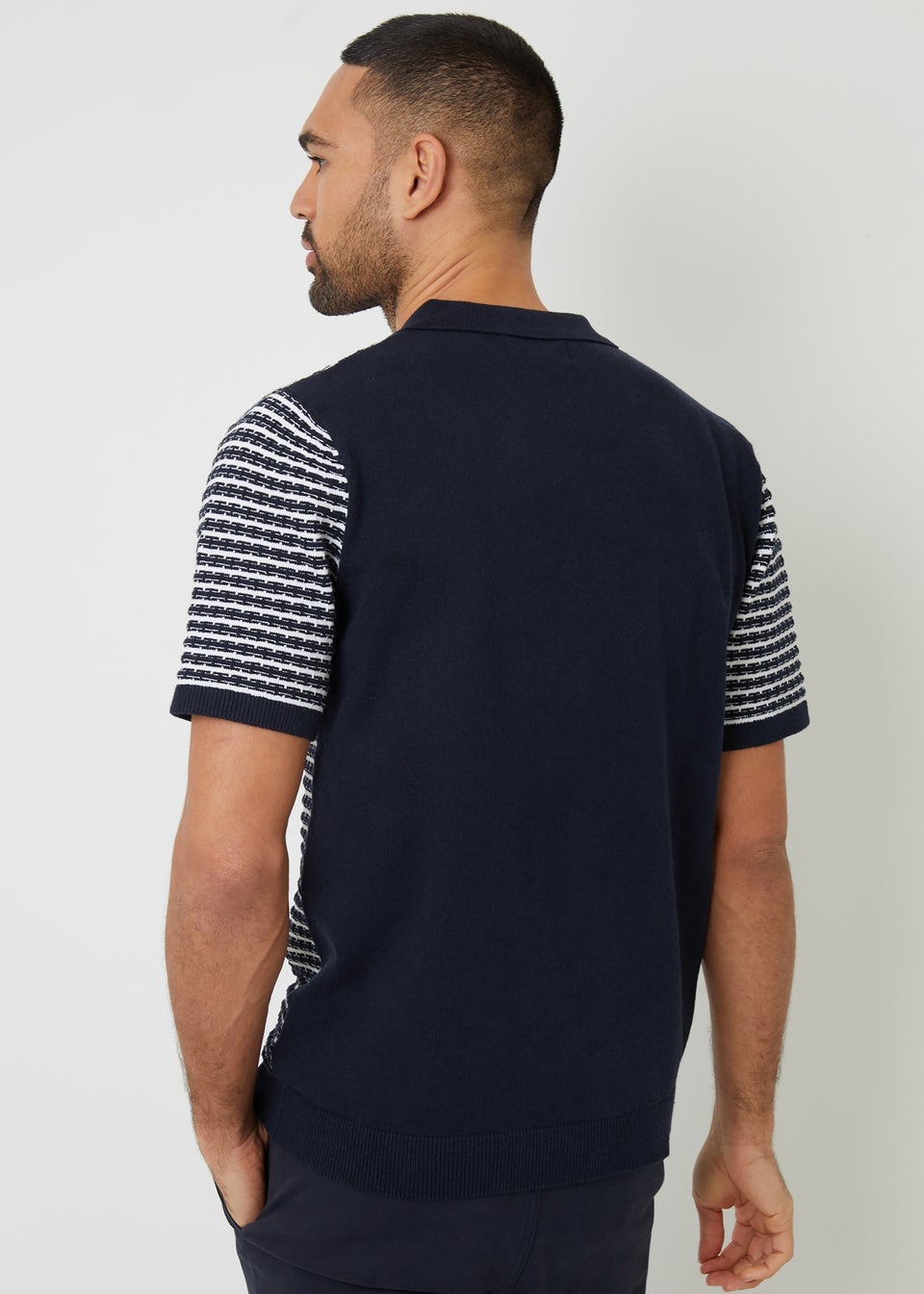 Threadbare Navy Textured Stripe Knitted Polo Shirt
