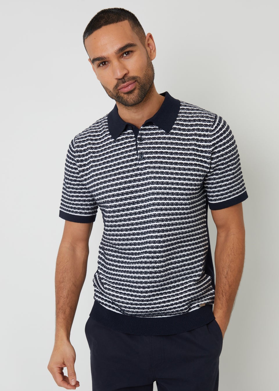 Threadbare Navy Textured Stripe Knitted Polo Shirt