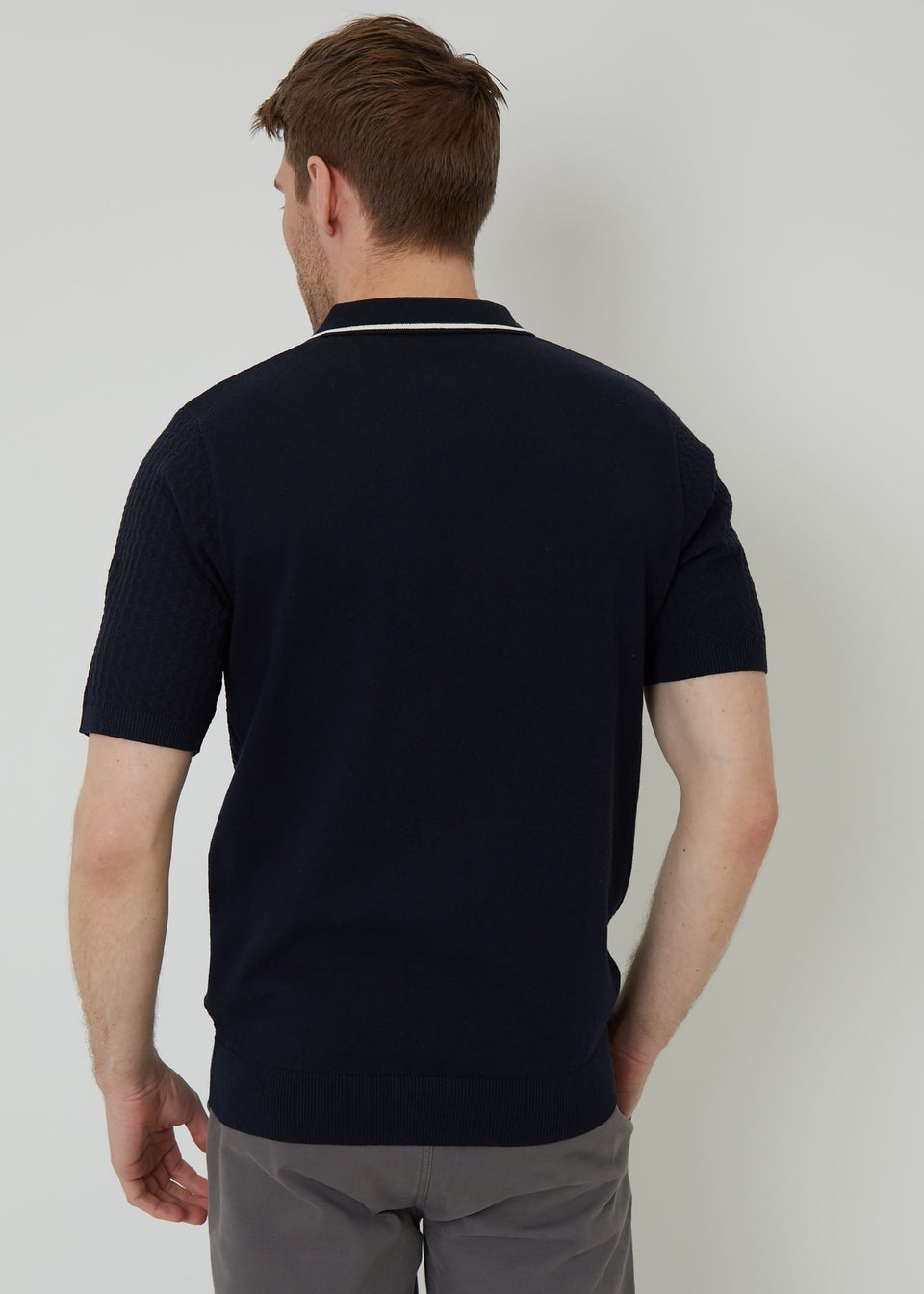 Threadbare Navy Textured Front Tipping Collar Knitted Polo Shirt