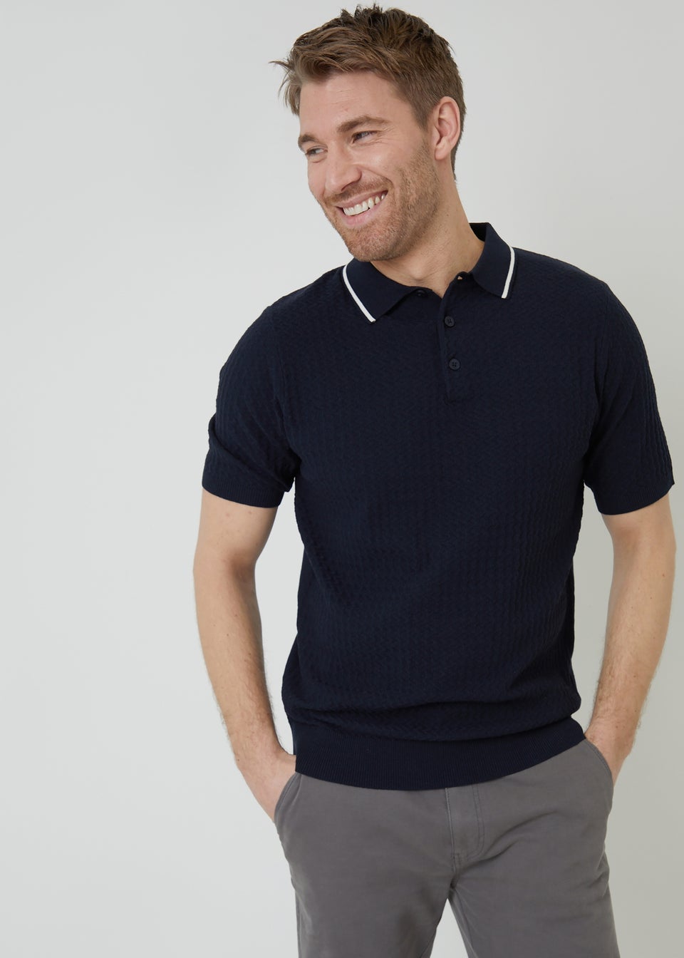 Threadbare Navy Textured Front Tipping Collar Knitted Polo Shirt
