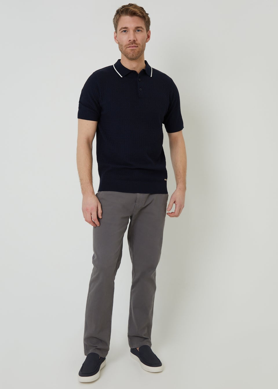 Threadbare Navy Textured Front Tipping Collar Knitted Polo Shirt