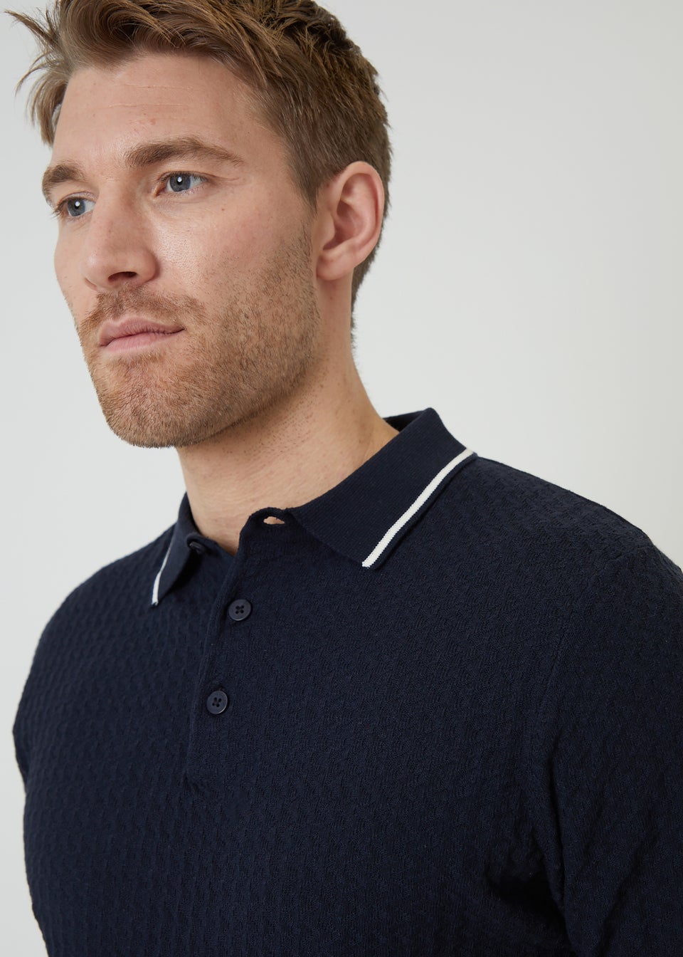Threadbare Navy Textured Front Tipping Collar Knitted Polo Shirt