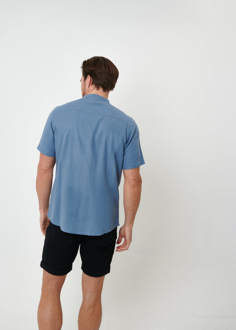 Threadbare Blue Grandad Collar Linen Blend Short Sleeve Shirt