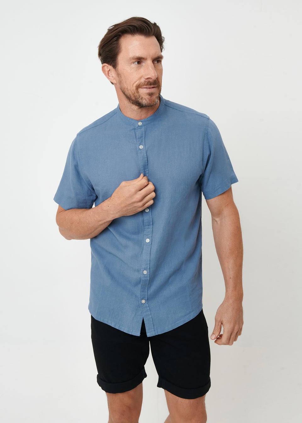 Threadbare Blue Grandad Collar Linen Blend Short Sleeve Shirt