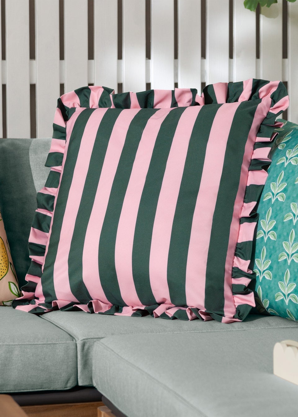 furn. Pink Palm Royale Stripe Ruffle Printed Outdoor Outdoor Cushion