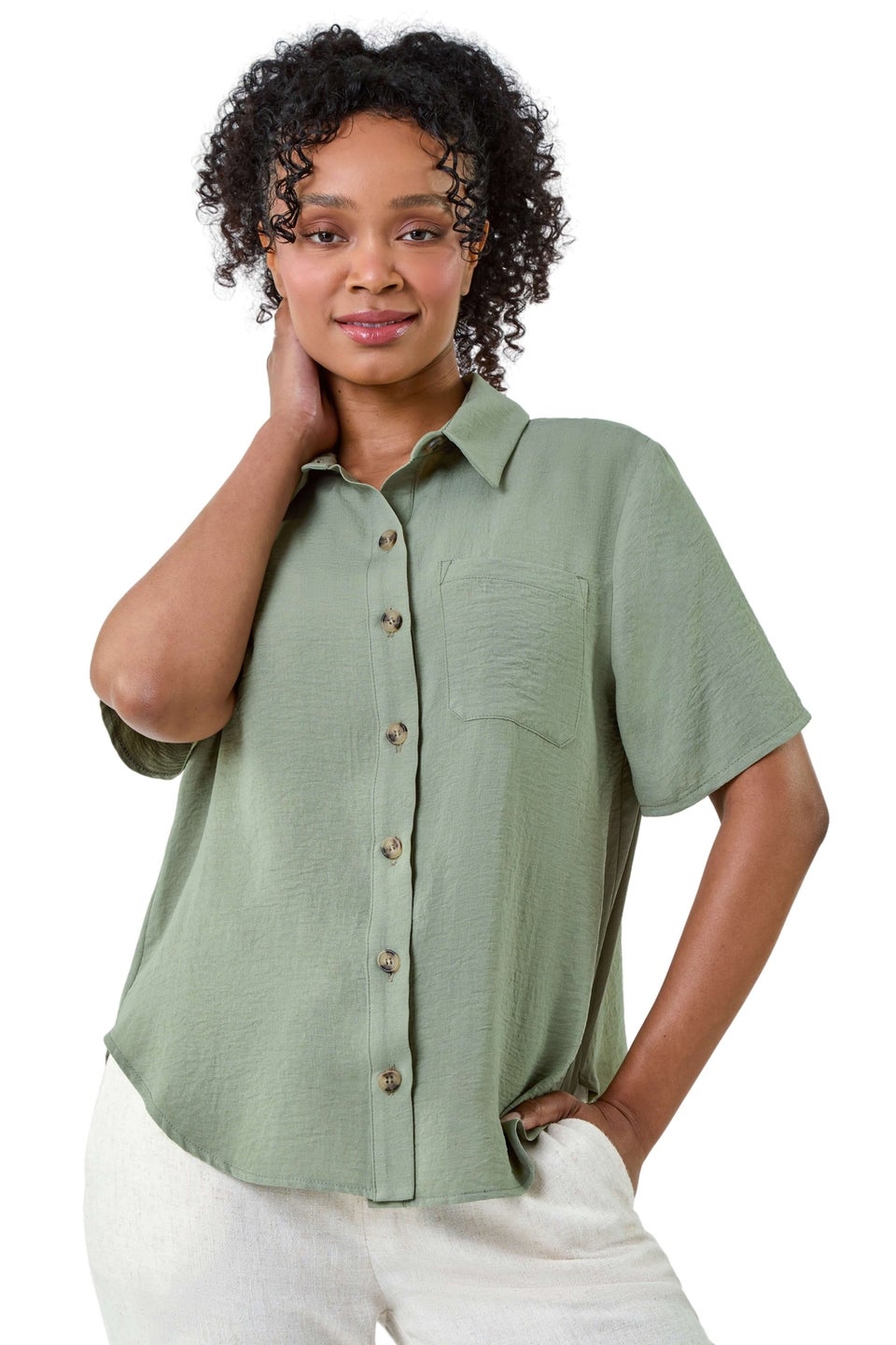 Roman Khaki Petite Button Up Pocket Shirt