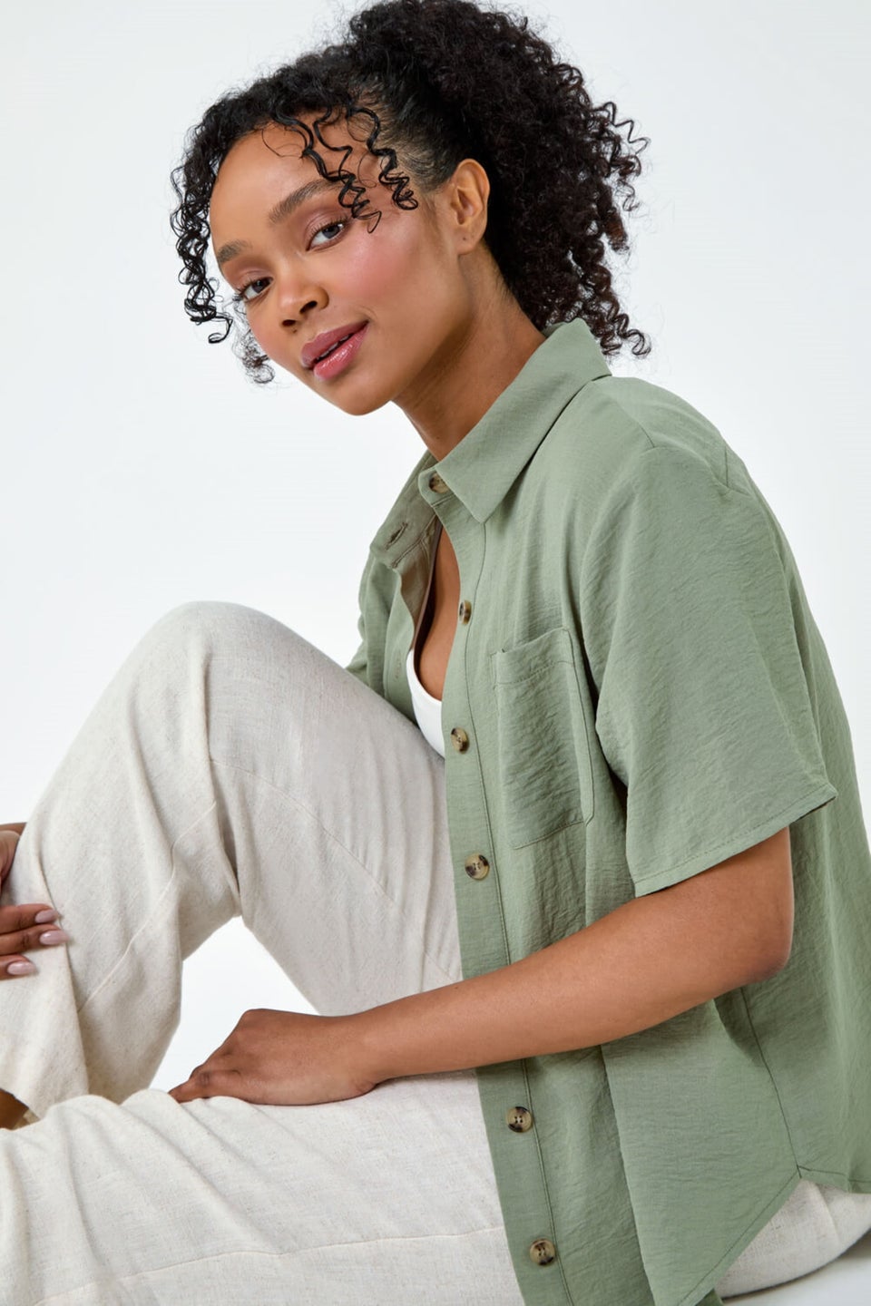 Roman Khaki Petite Button Up Pocket Shirt
