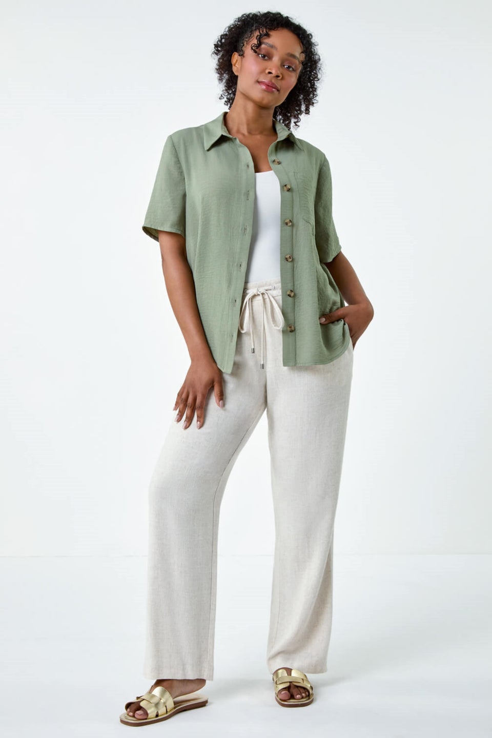 Roman Khaki Petite Button Up Pocket Shirt