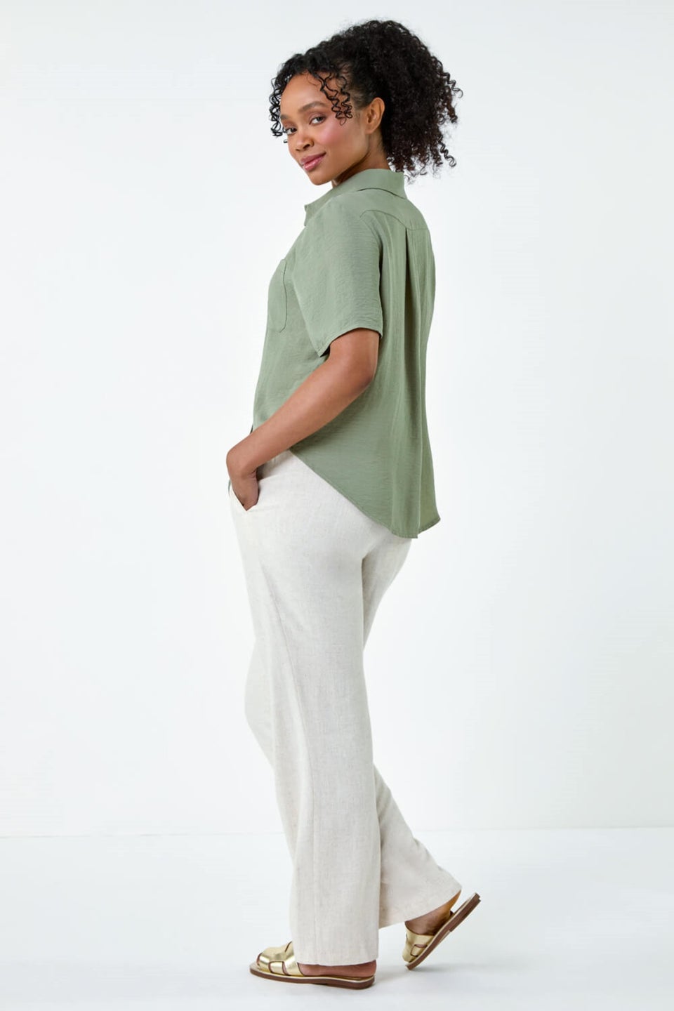 Roman Khaki Petite Button Up Pocket Shirt