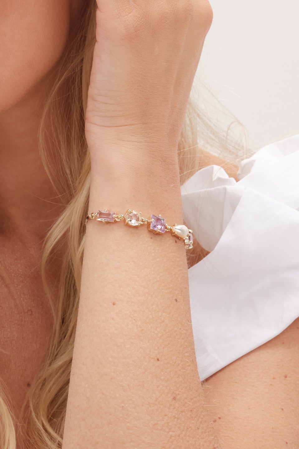Mood Gold Romantic Crystal & Pearl Mixed Stone Toggle Bracelet