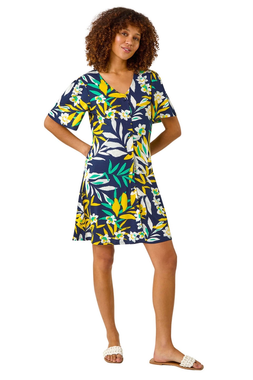 Roman Yellow Leaf Button Detail Tea Dress