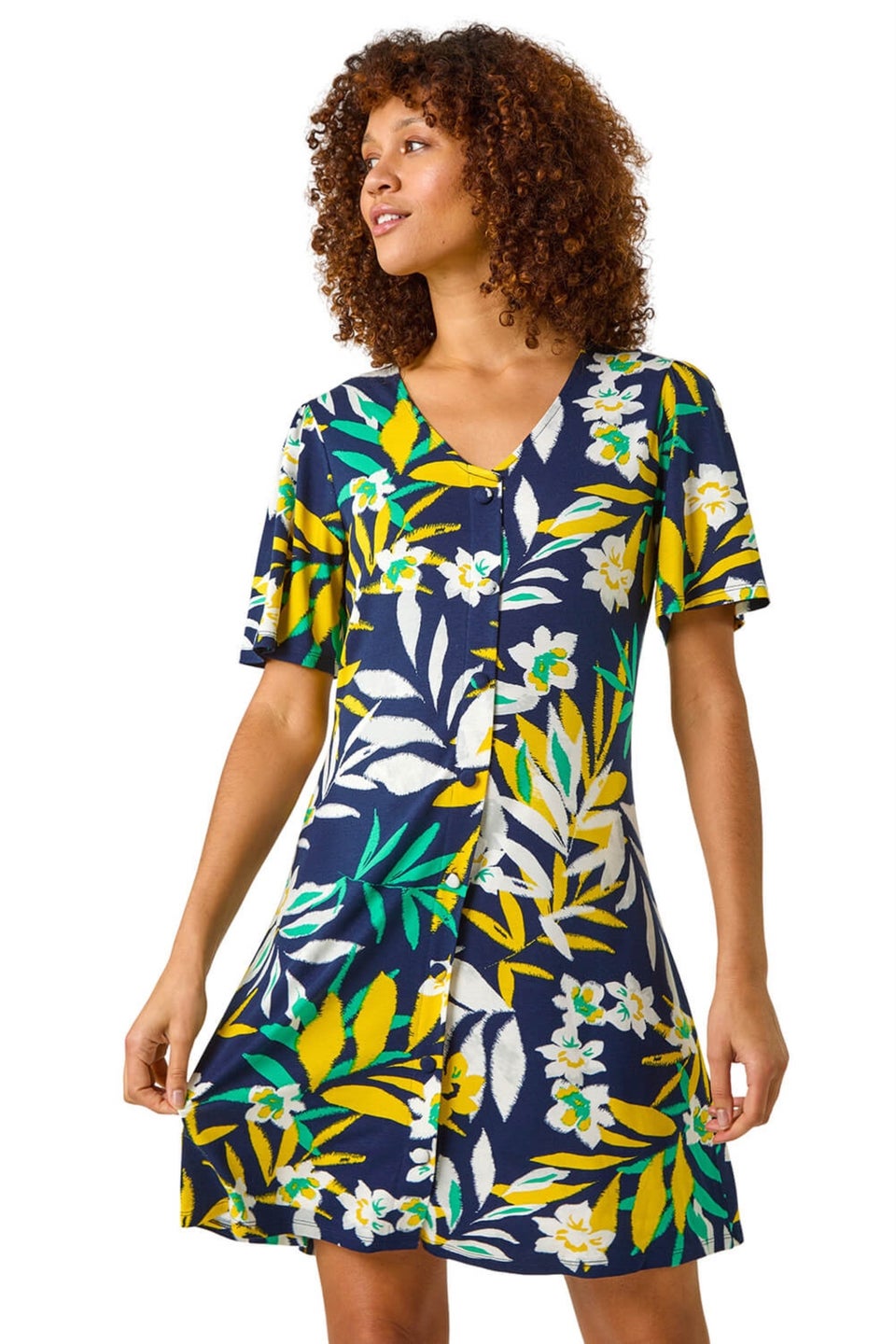Roman Yellow Leaf Button Detail Tea Dress