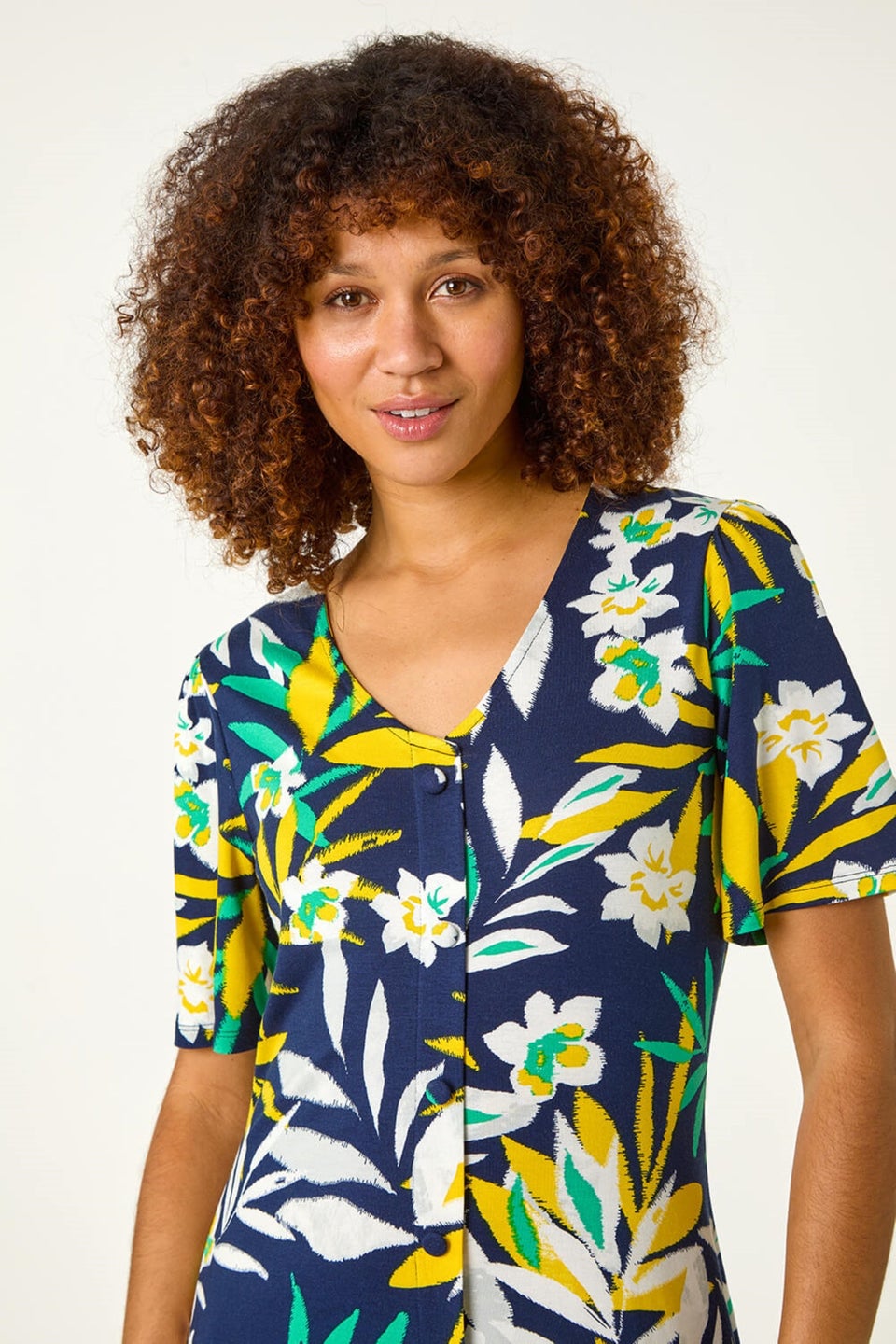 Roman Yellow Leaf Button Detail Tea Dress