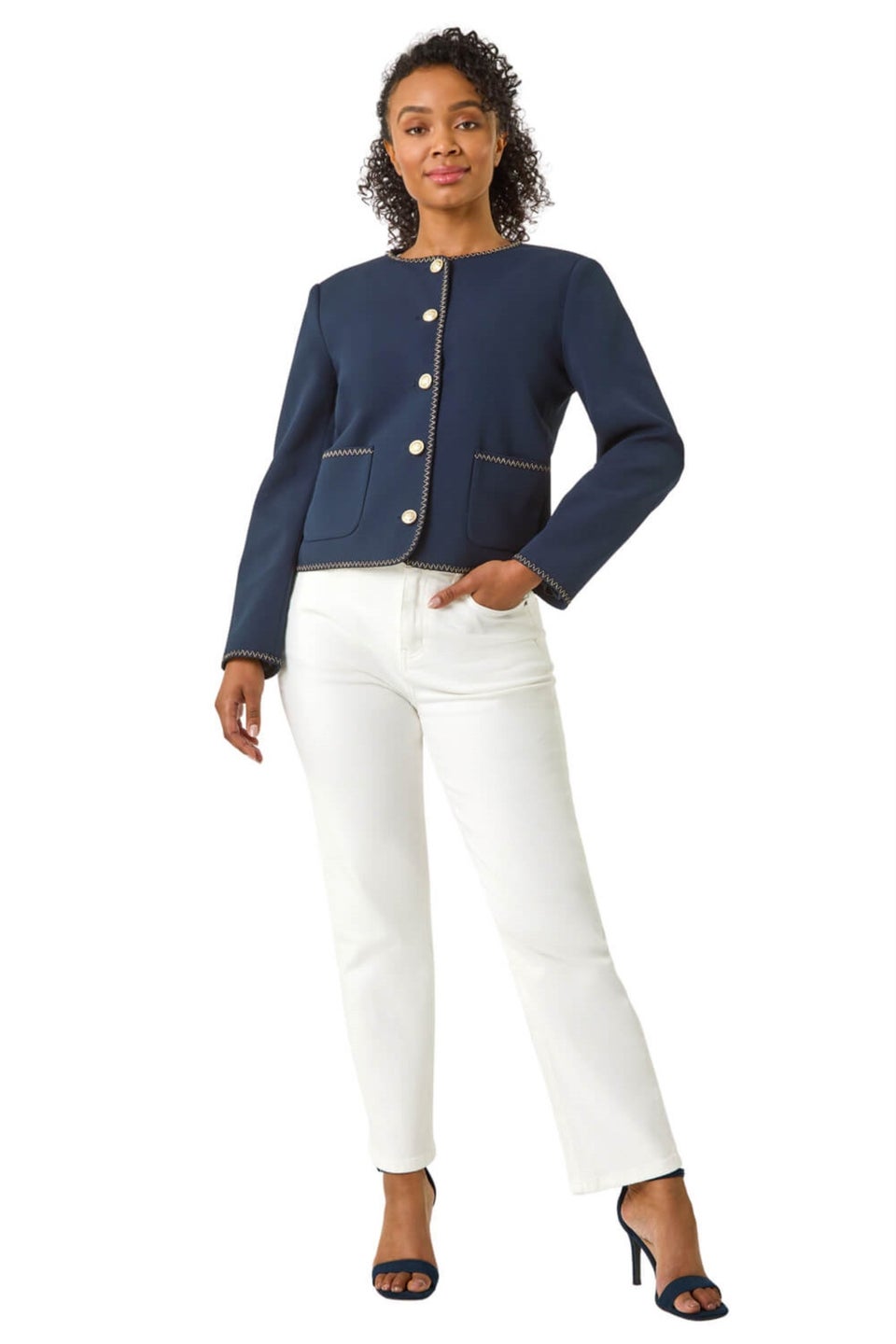Roman Navy Petite Button & Pocket Jacket