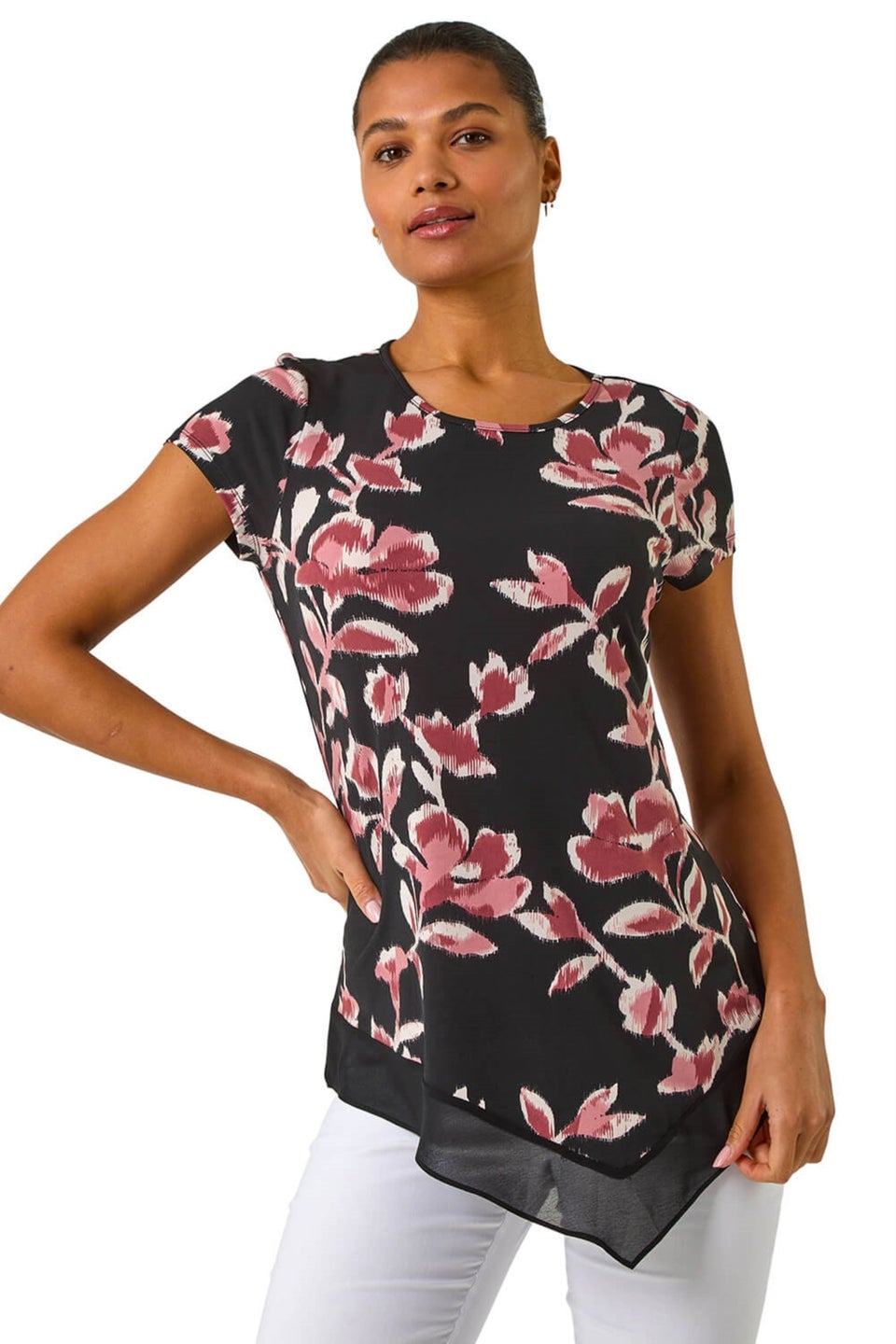 Roman Pink Abstract Print Chiffon Hem Top