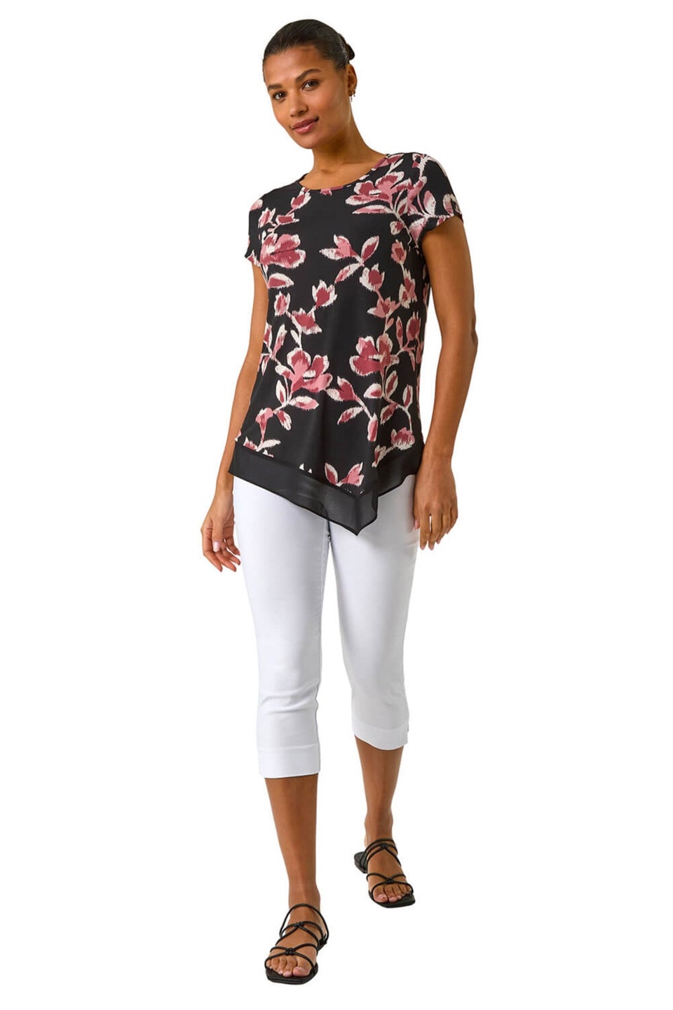 Roman Pink Abstract Print Chiffon Hem Top