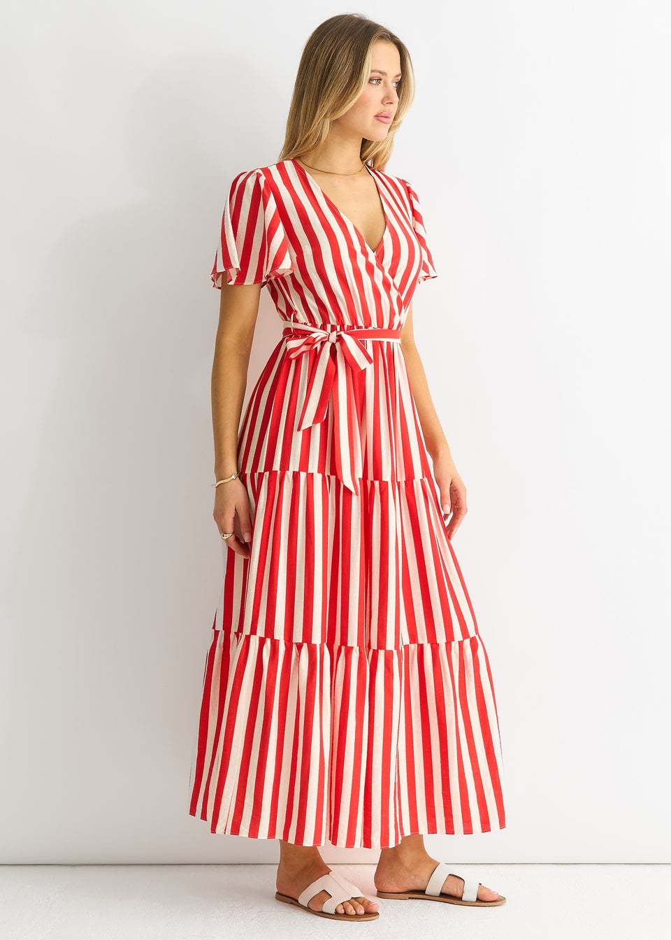 Gini London Red Stripe Wrap Belted Midi Dress
