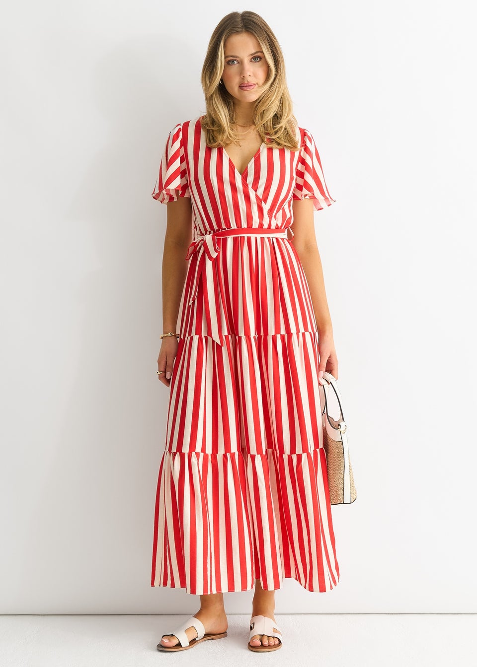 Gini London Red Stripe Wrap Belted Midi Dress