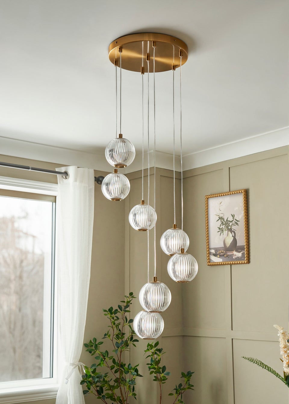 BHS Lighting Raeden LED Brass Acrylic Ball 7 Light Cascade (80-110cm x 36cm)