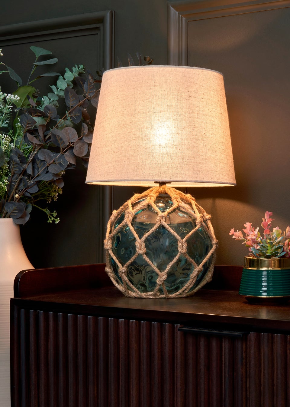 BHS Lighting Seaqua Blue Clear Dimpled Glass Rope Table Lamp (41cm x 28cm)