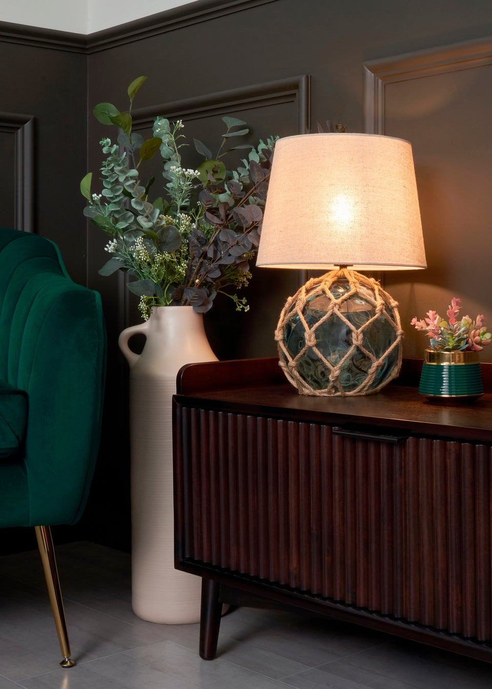 BHS Lighting Seaqua Blue Clear Dimpled Glass Rope Table Lamp (41cm x 28cm)