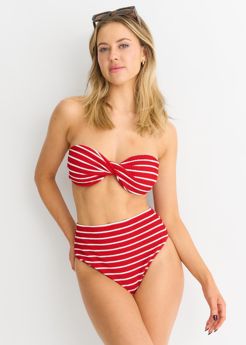 Gini London Red Textured Twist Front Stripe Bikini Top