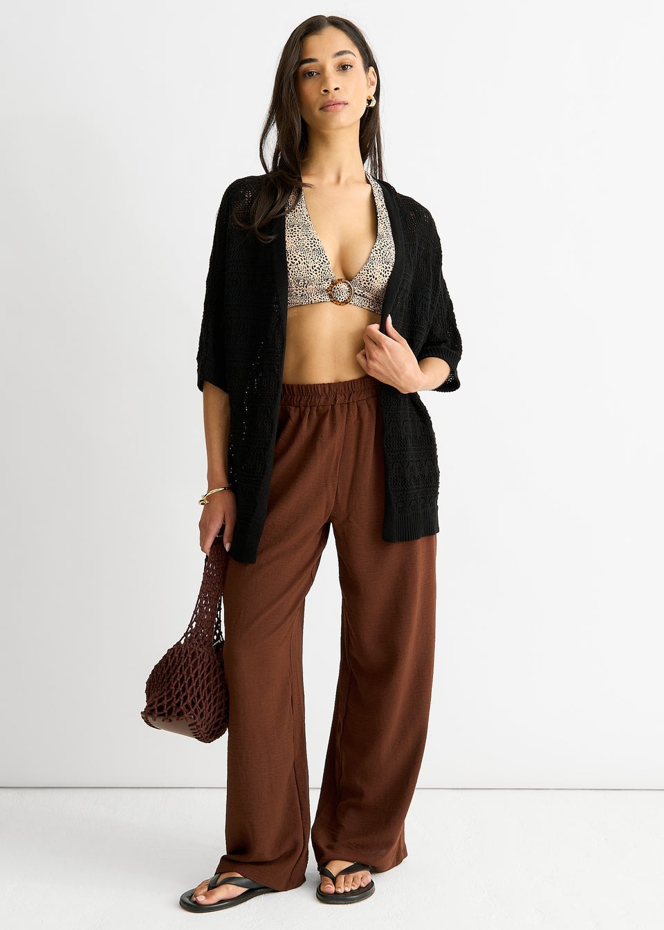 Gini London Black Crochet Knit Edge to Edge Cardigan