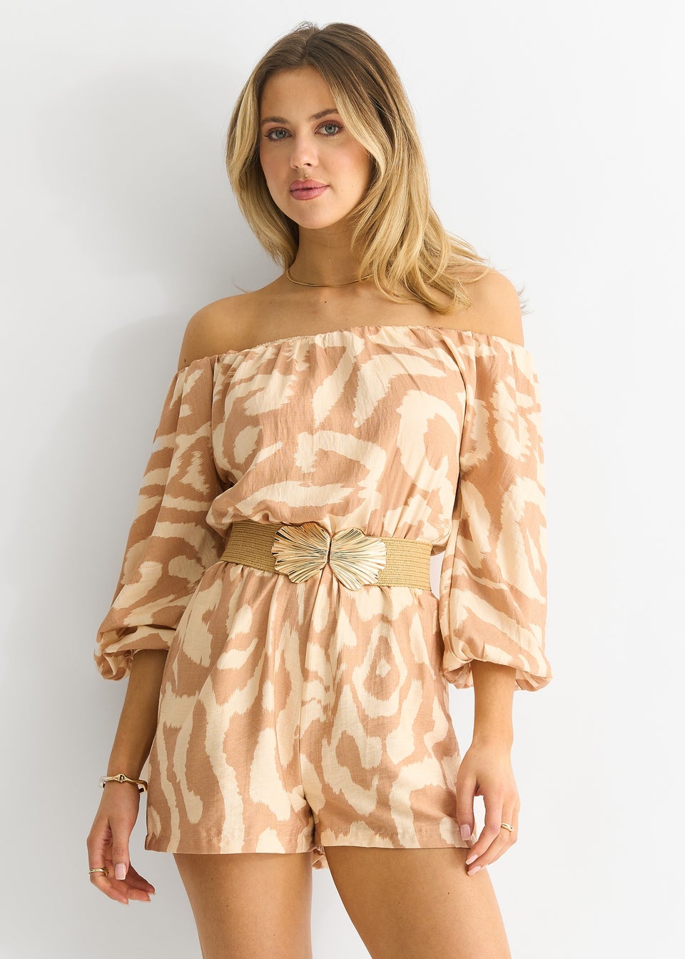 Gini London Beige Abstract Belted Bardot Viscose Playsuit
