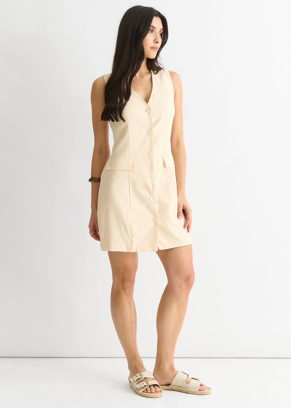 Gini London White Linen Button Through Mini shirt Dress
