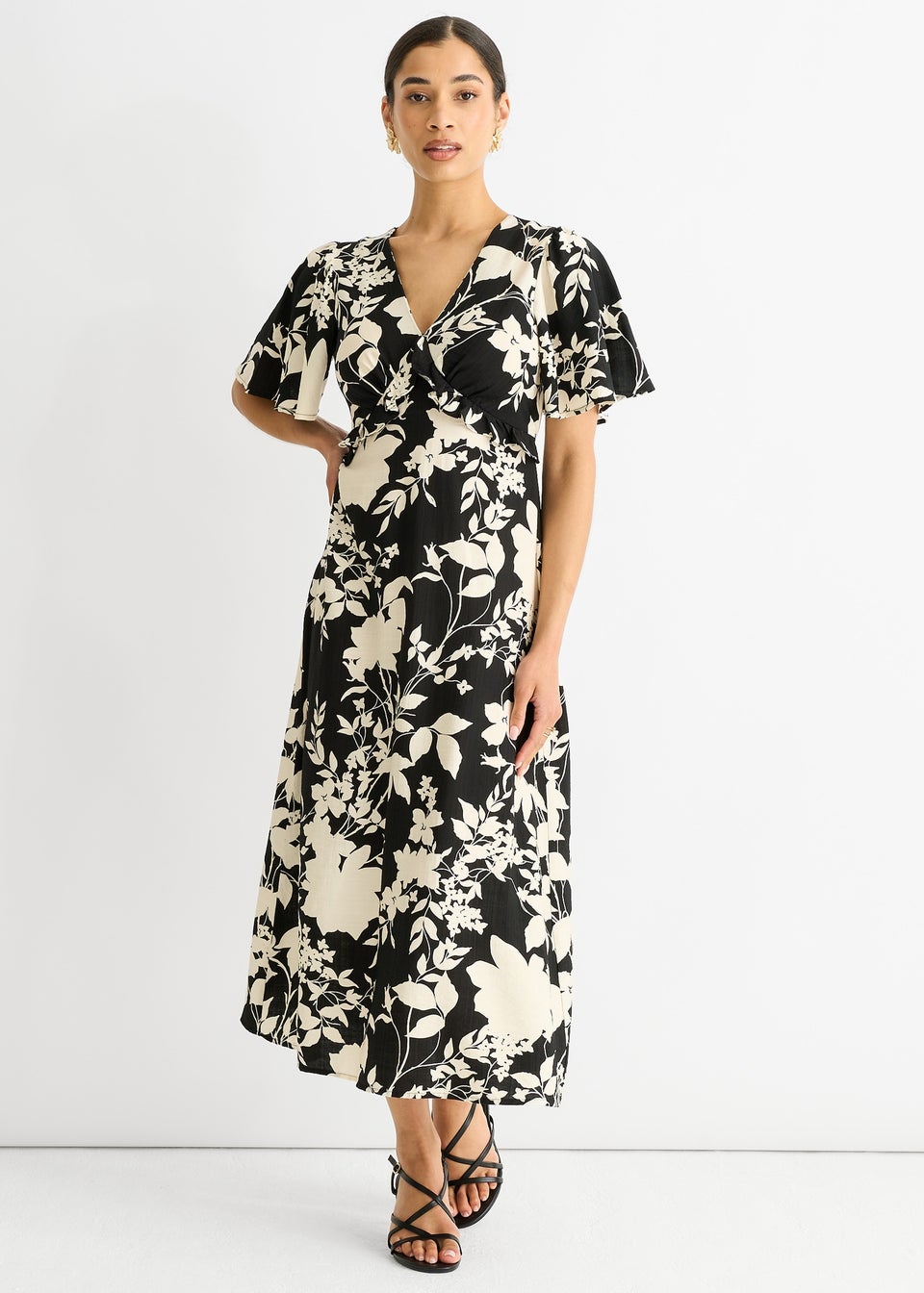 Gini London Black Mono Ruffle V Neck Viscose Midi Dress