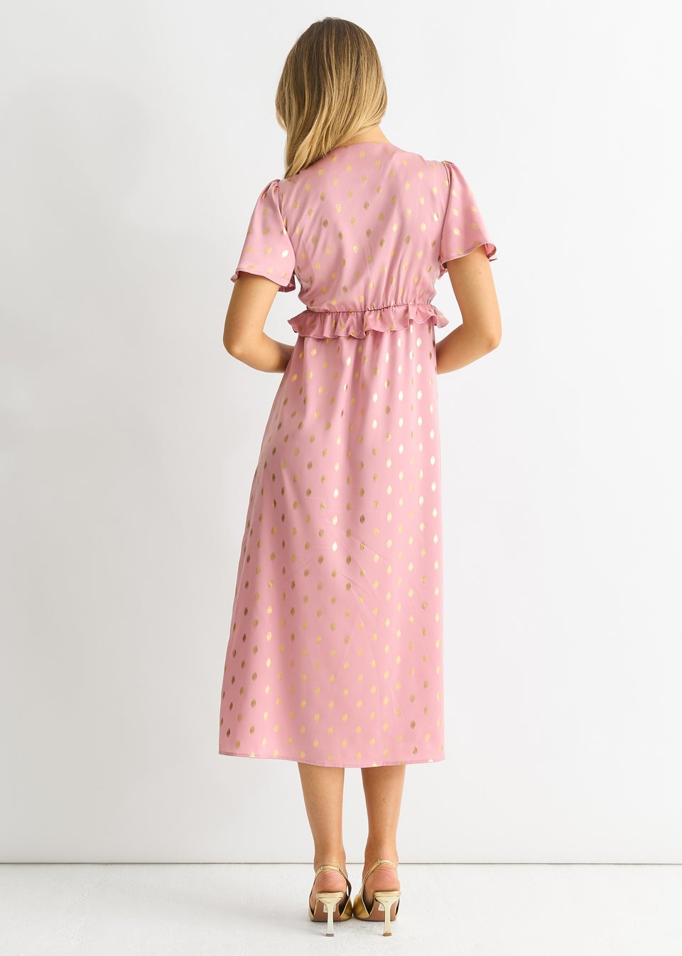 Gini London Blush Metallic Foil V Neck Midi Dress