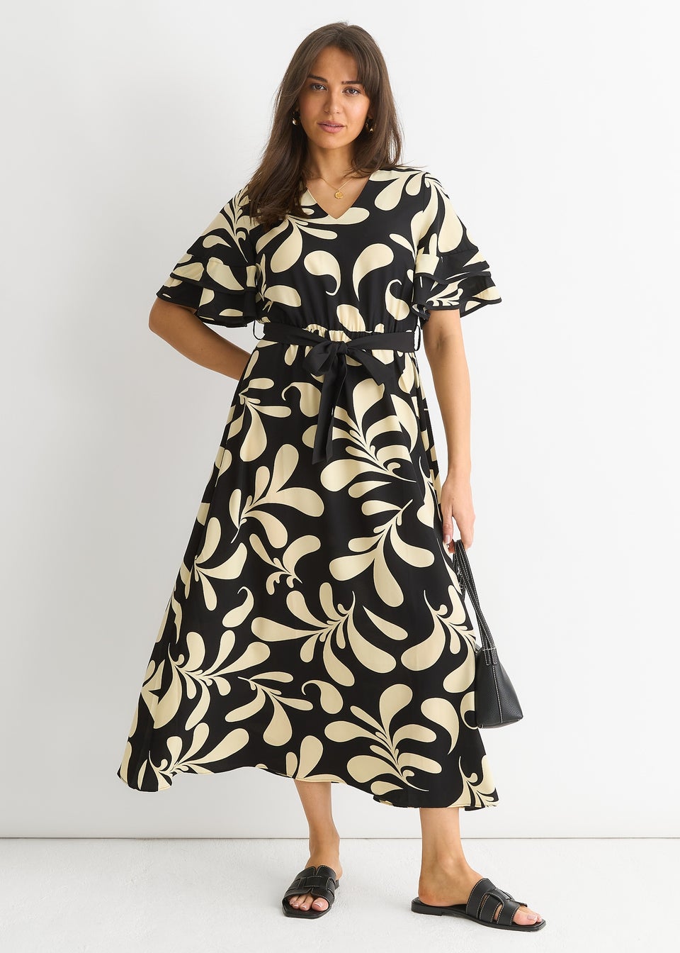 Gini London Black Floral V Neck Elasticated Waist Midi Dress