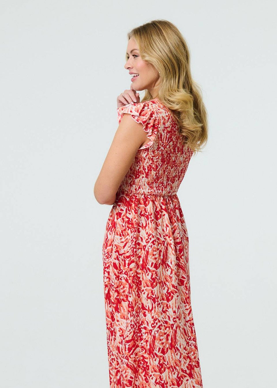 Izabel London Red Floral Ruffled Cap Sleeve Midi Dress