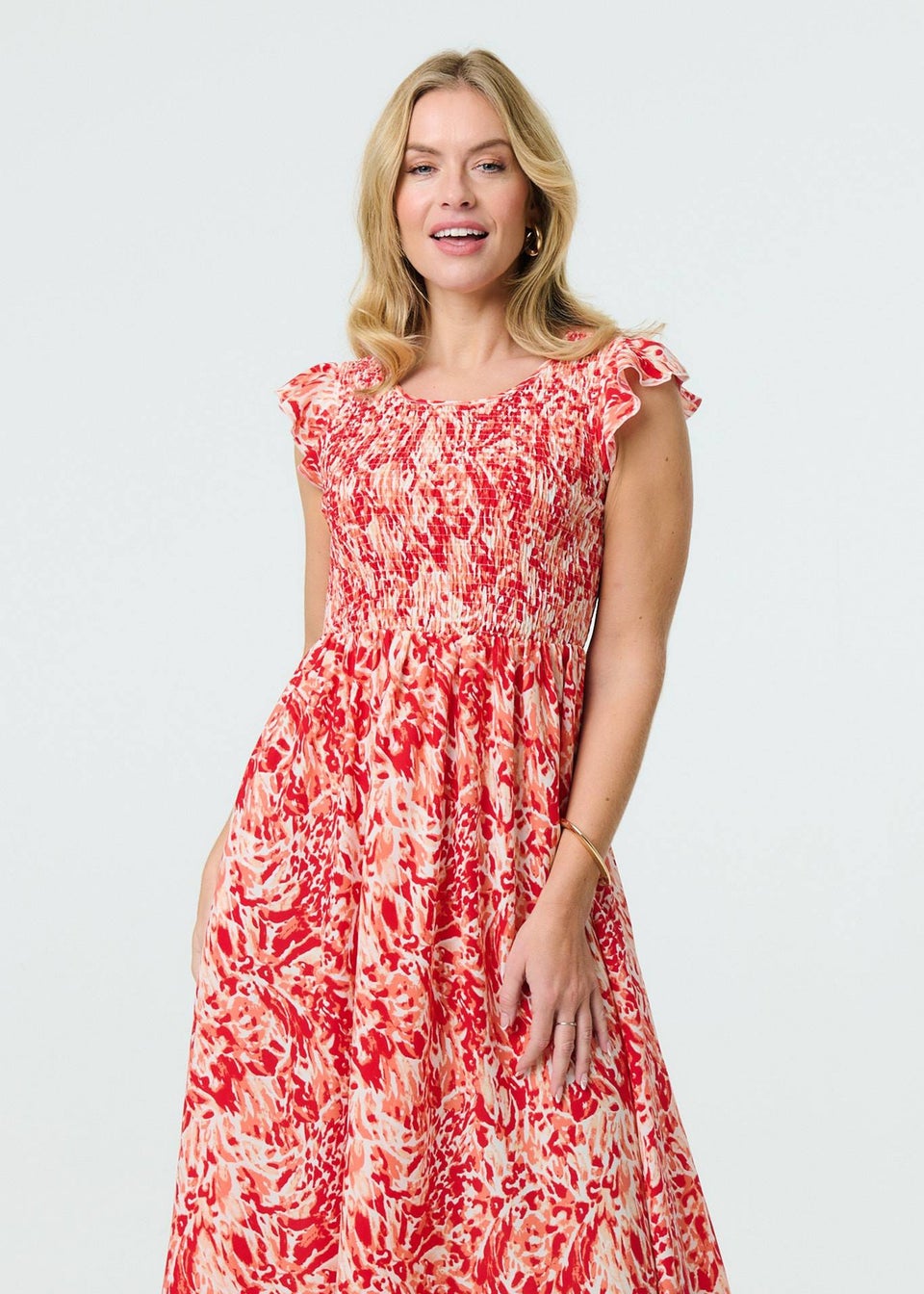 Izabel London Red Floral Ruffled Cap Sleeve Midi Dress