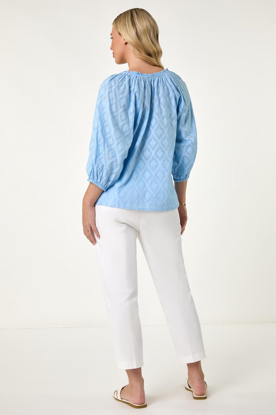 Roman Blue Petite Textured  V-Neck Cotton Blouse