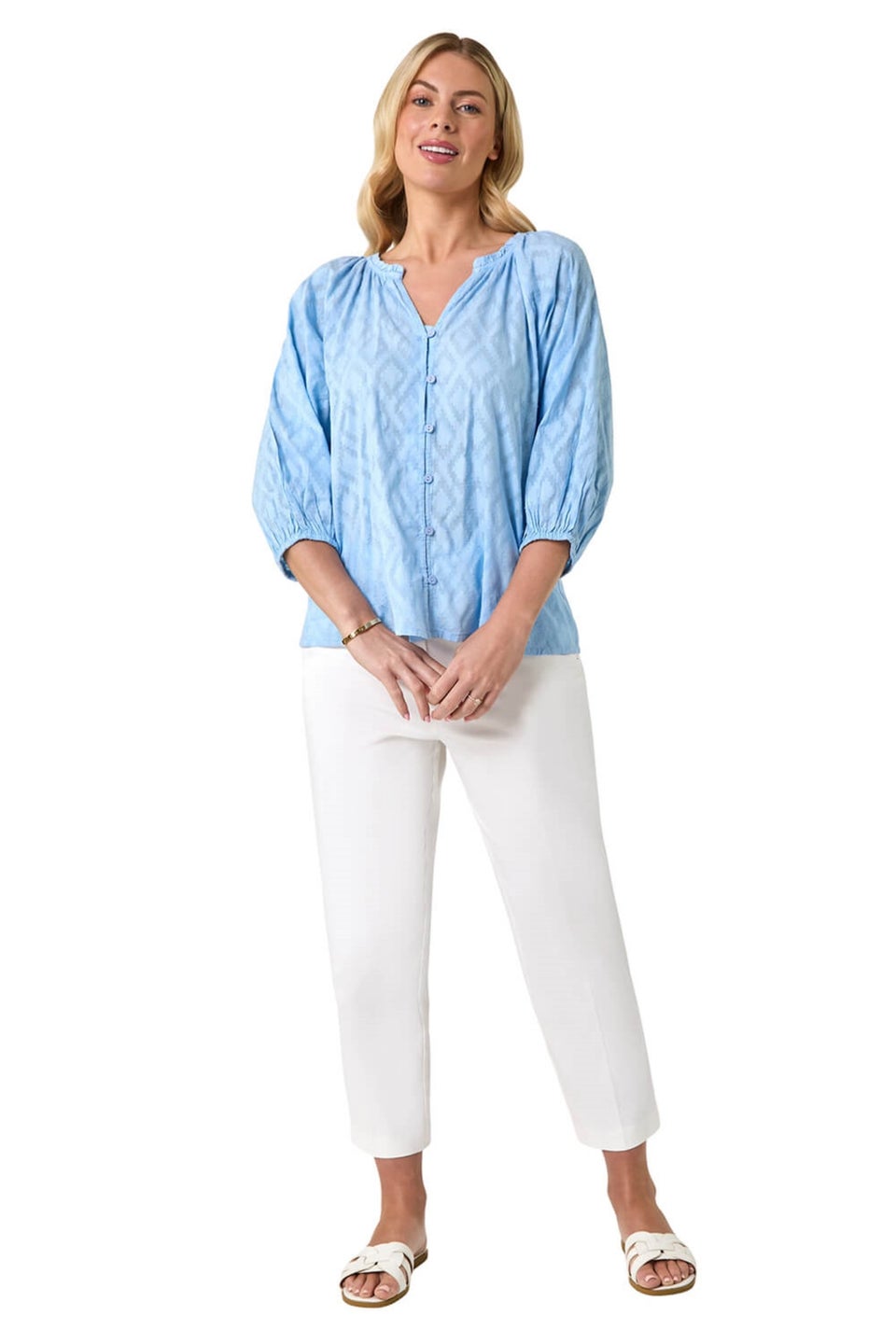 Roman Blue Petite Textured  V-Neck Cotton Blouse