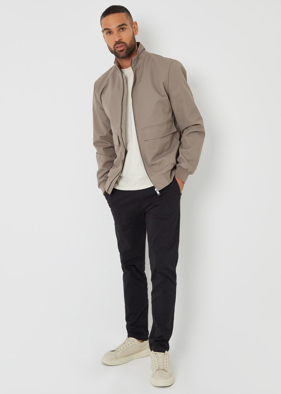 Threadbare Taupe Patch Pocket Funnel Neck Harrington Style Jacket