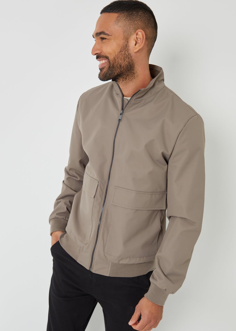 Threadbare Taupe Patch Pocket Funnel Neck Harrington Style Jacket