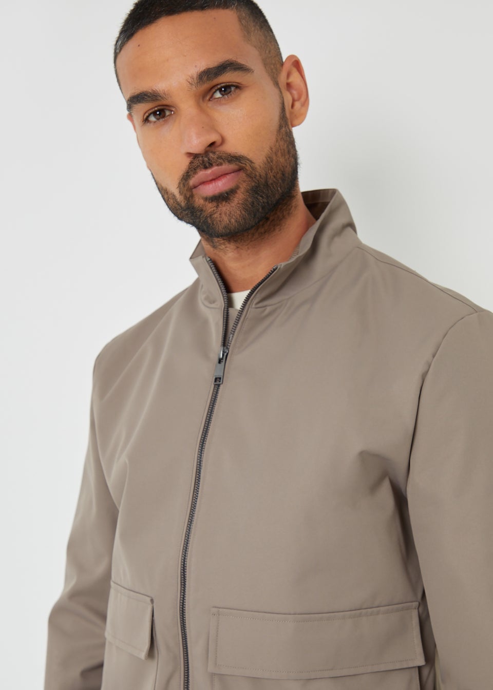 Threadbare Taupe Patch Pocket Funnel Neck Harrington Style Jacket