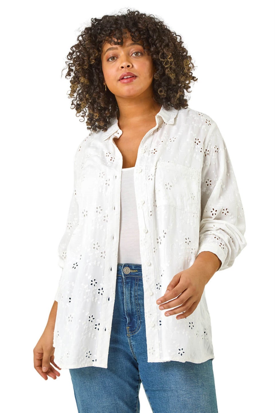 Roman White Curve Broderie Collared Shirt
