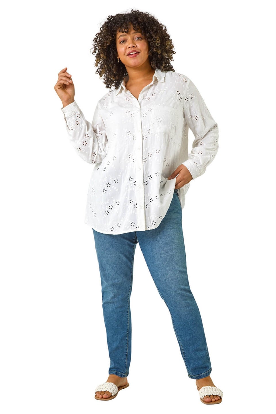 Roman White Curve Broderie Collared Shirt