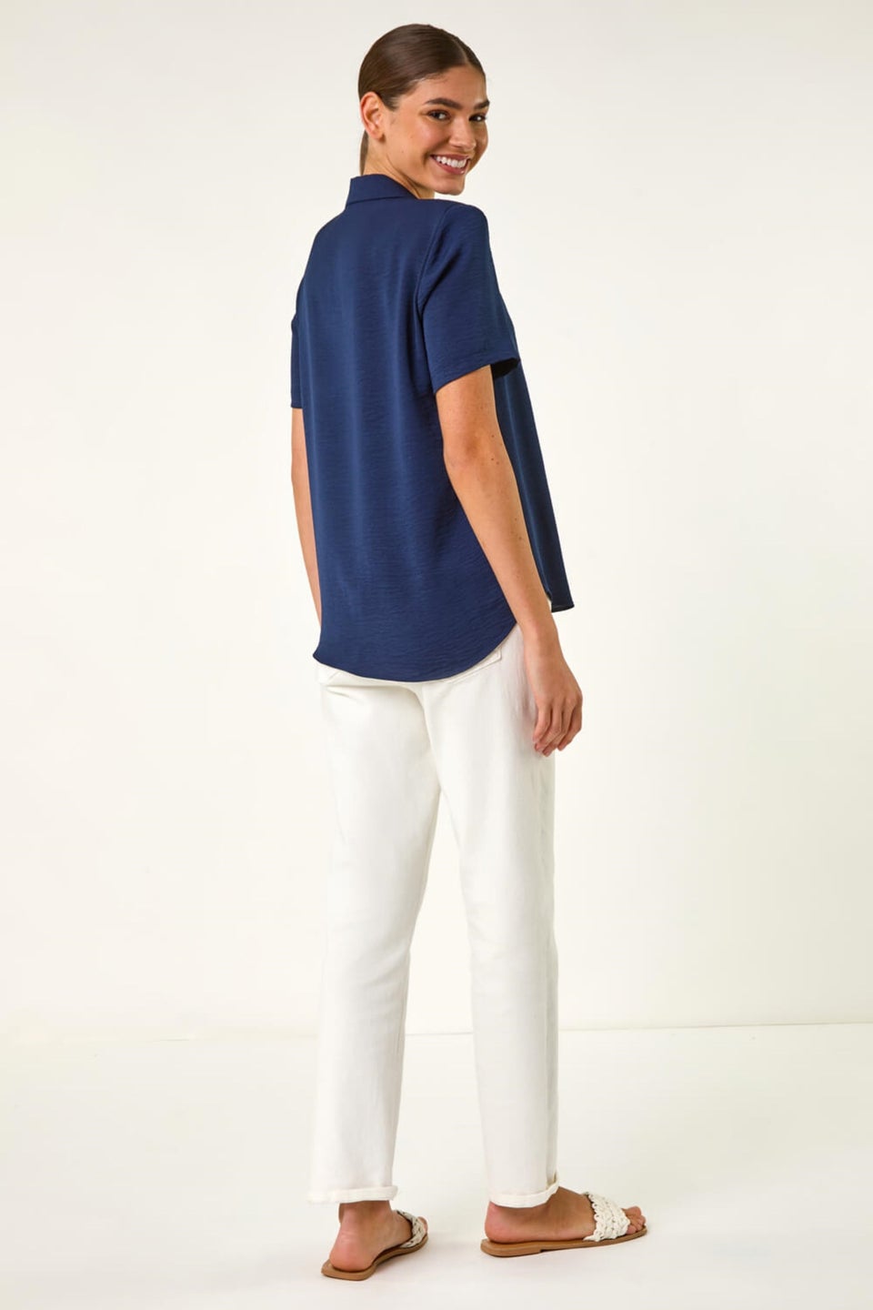 Roman Navy Collared Short Sleeve Blouse