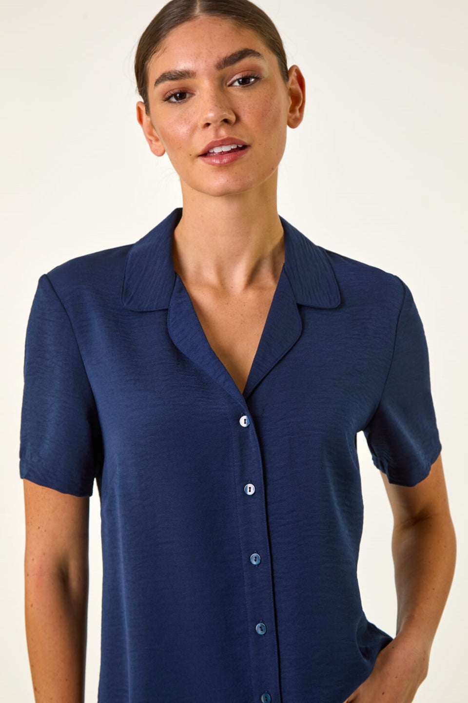 Roman Navy Collared Short Sleeve Blouse
