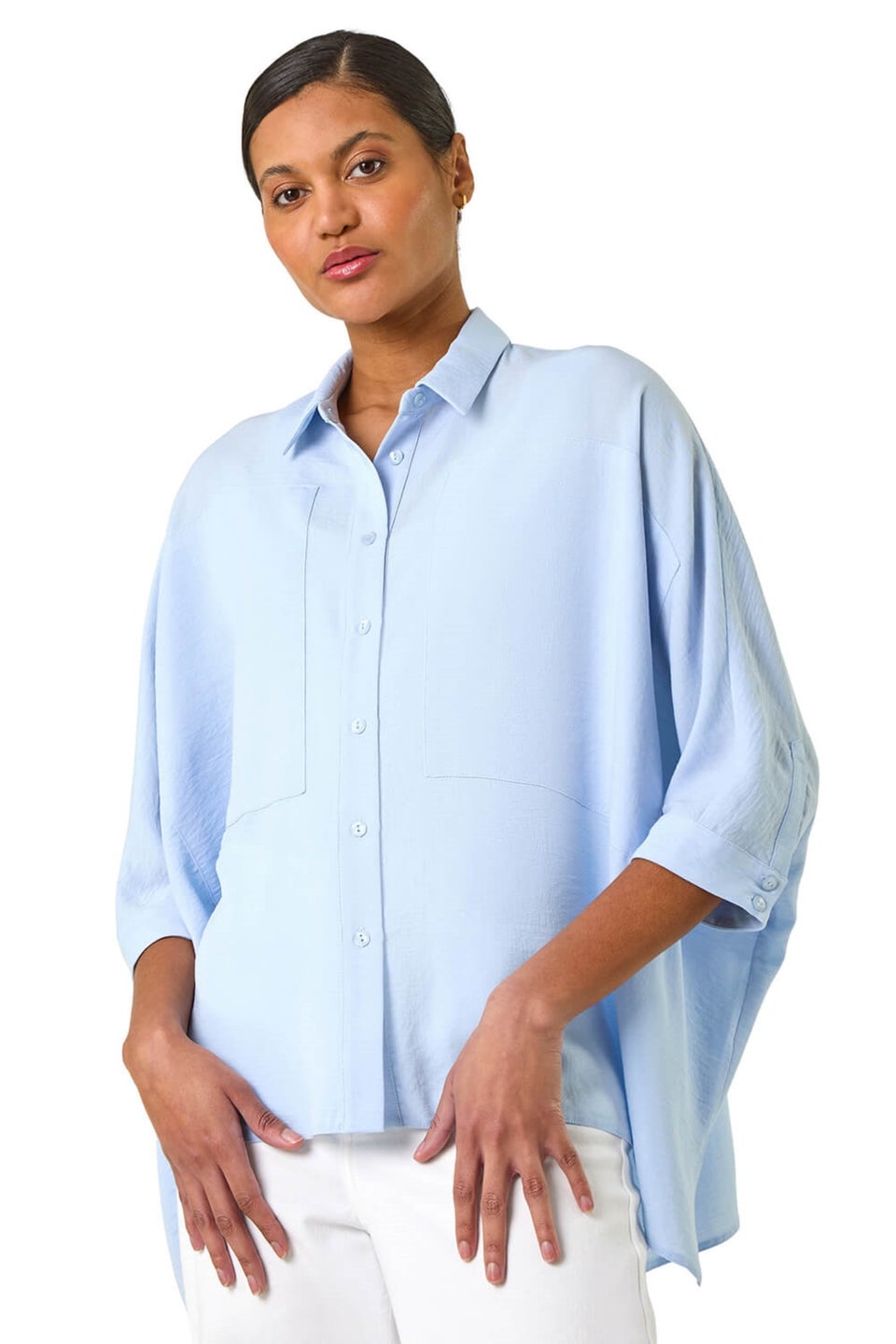 Roman Light Blue Boxy Relaxed Button Blouse