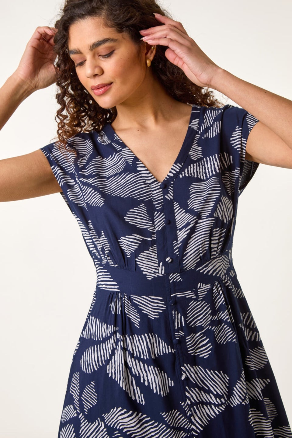 Roman Navy Leaf Print Buttoned Midi Dress