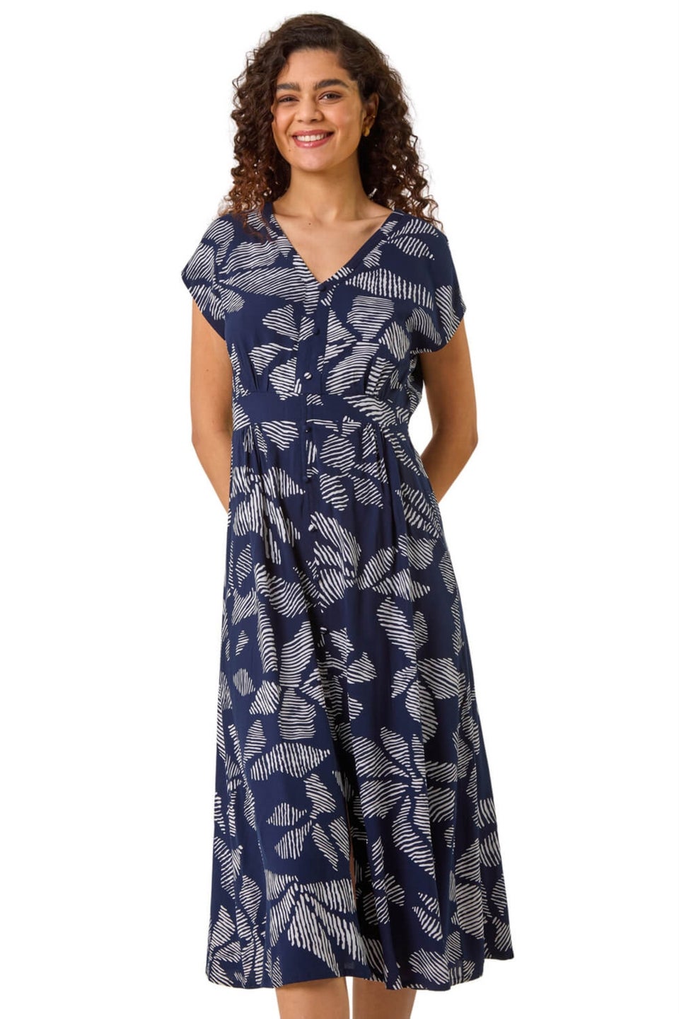 Roman Navy Leaf Print Buttoned Midi Dress