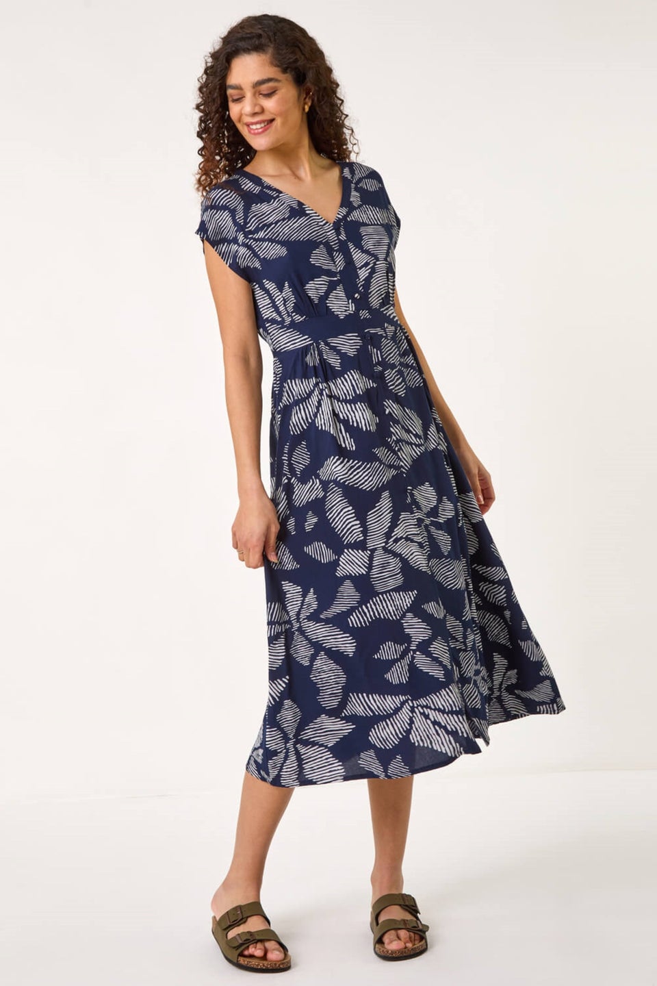 Roman Navy Leaf Print Buttoned Midi Dress