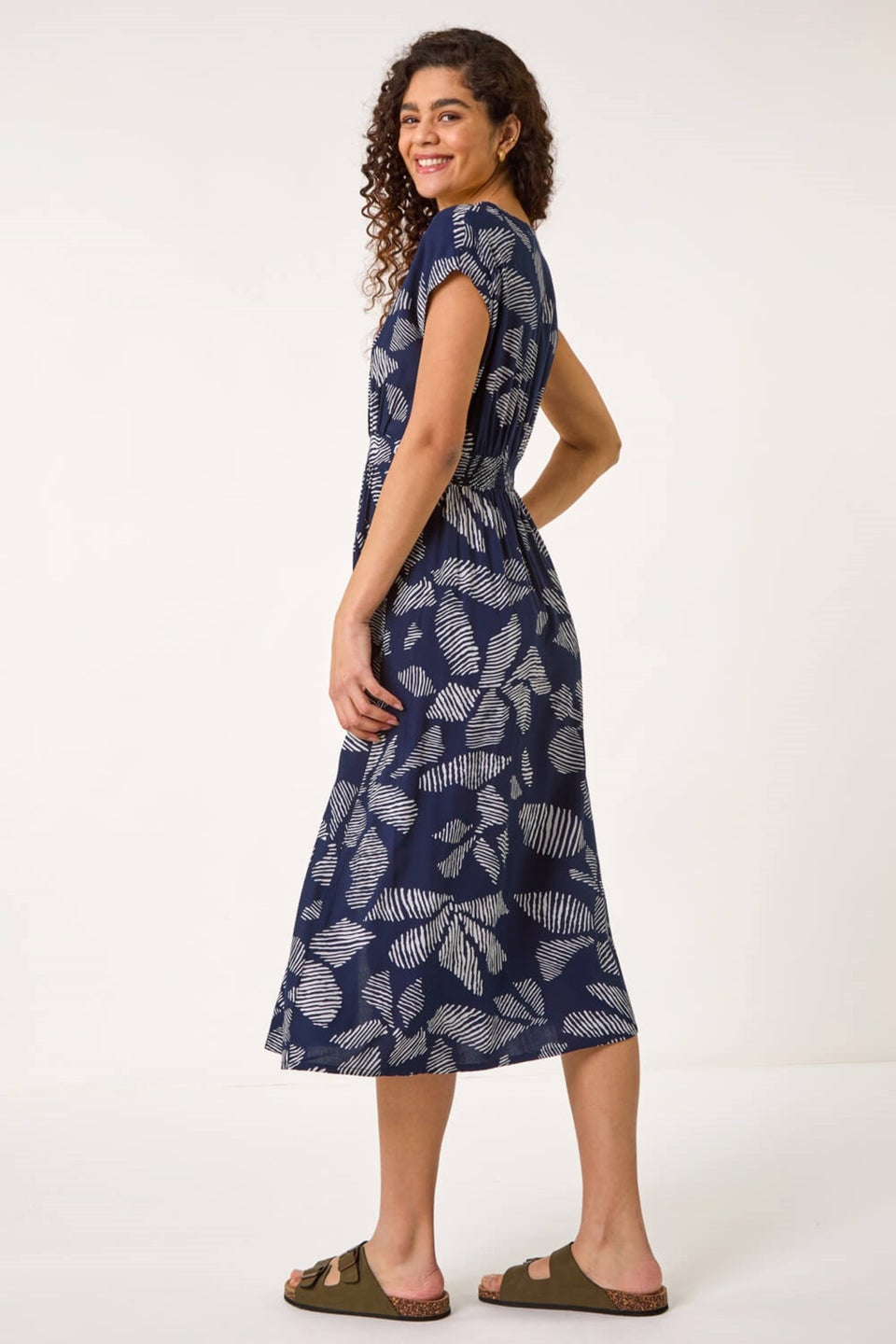 Roman Navy Leaf Print Buttoned Midi Dress